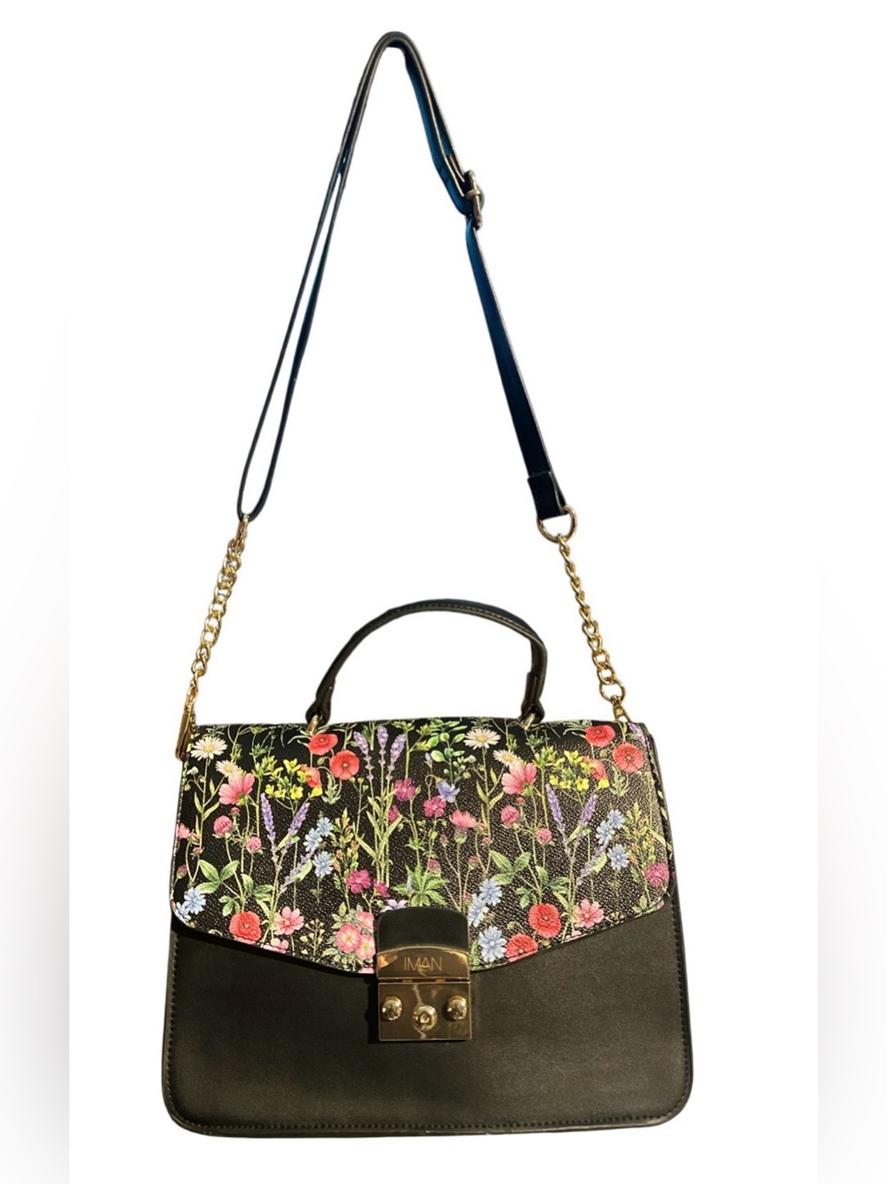 IMAN Women Black Floral Detachable Strap Crossbody Top Handle Satchel Purse